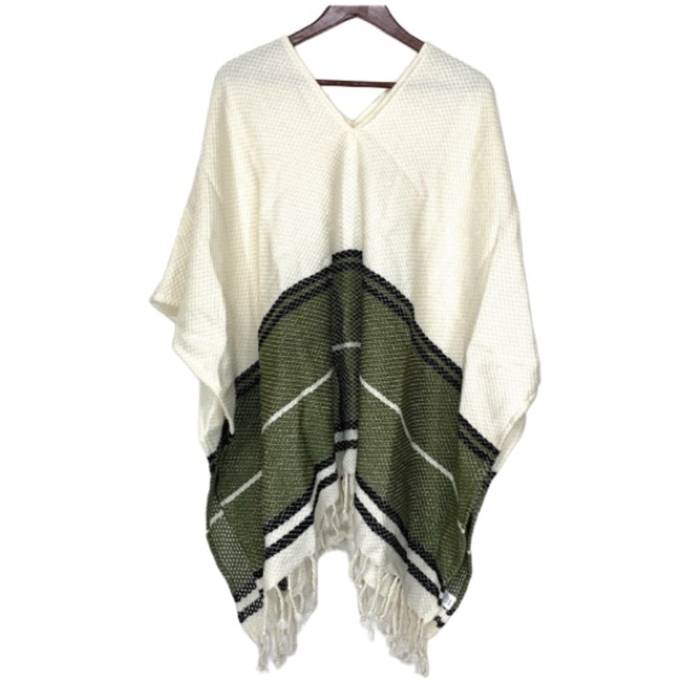 Oversized Treasure & Bond Boho Stripe Tassel Fringe Poncho Cape White & Green